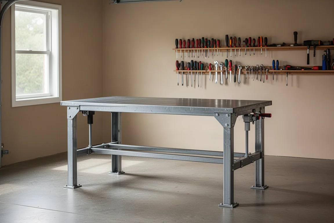 Mesa de trabalho de metal com altura ajustável montada em uma oficina na garagem