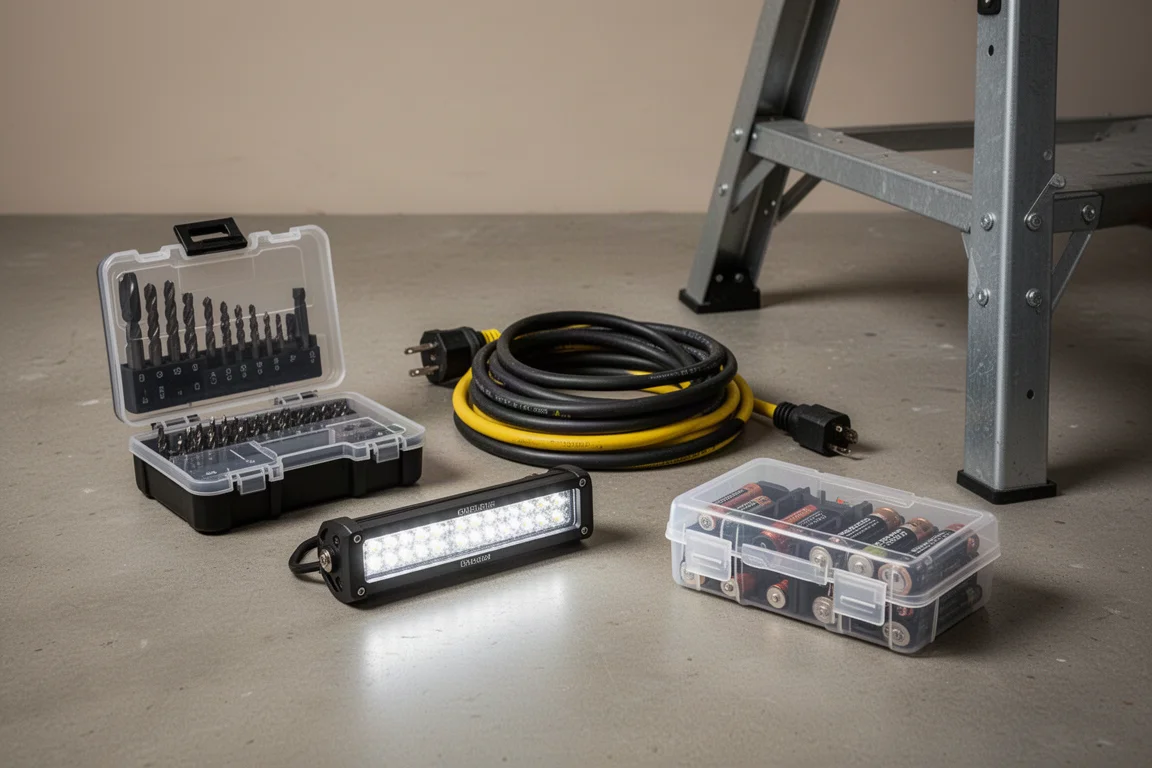 Assorted garage tools and organizers arranged on a concrete workshop surface
