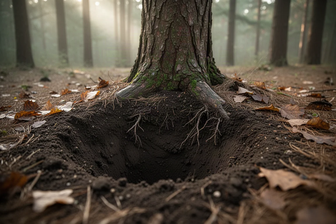 Frisch gegrabenes kleines Loch in dunklem Waldboden neben Kiefernwurzeln und Laubstreu