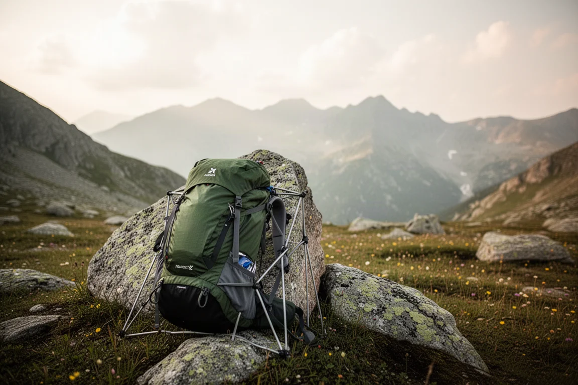 Beladener Ultralight-Rucksack lehnt an einem Granitfelsen an einem hohen Bergpass