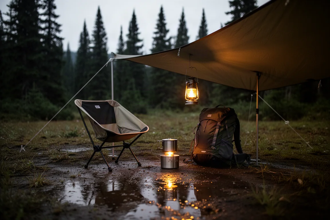 Backcountry-Campingplatz in der Dämmerung mit Campingstuhl, Rucksack und Tarp unter warmem Laternenlicht