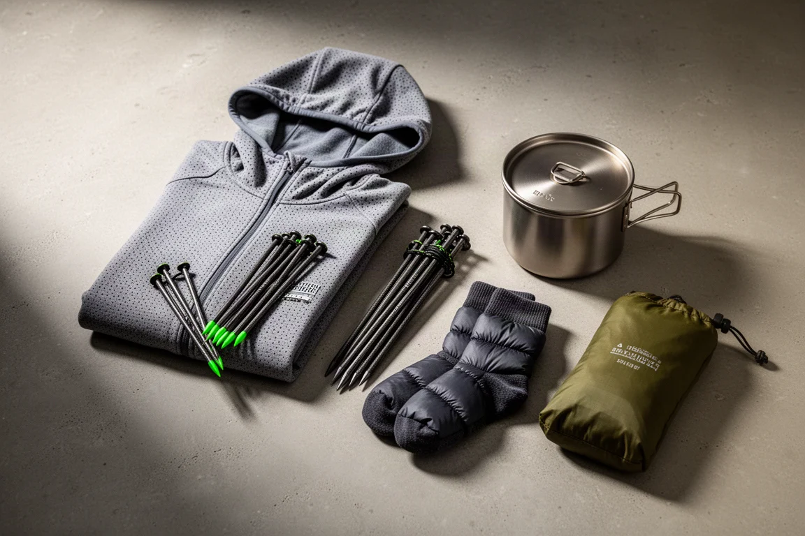 Ultralight backpacking gear arranged overhead on a concrete surface
