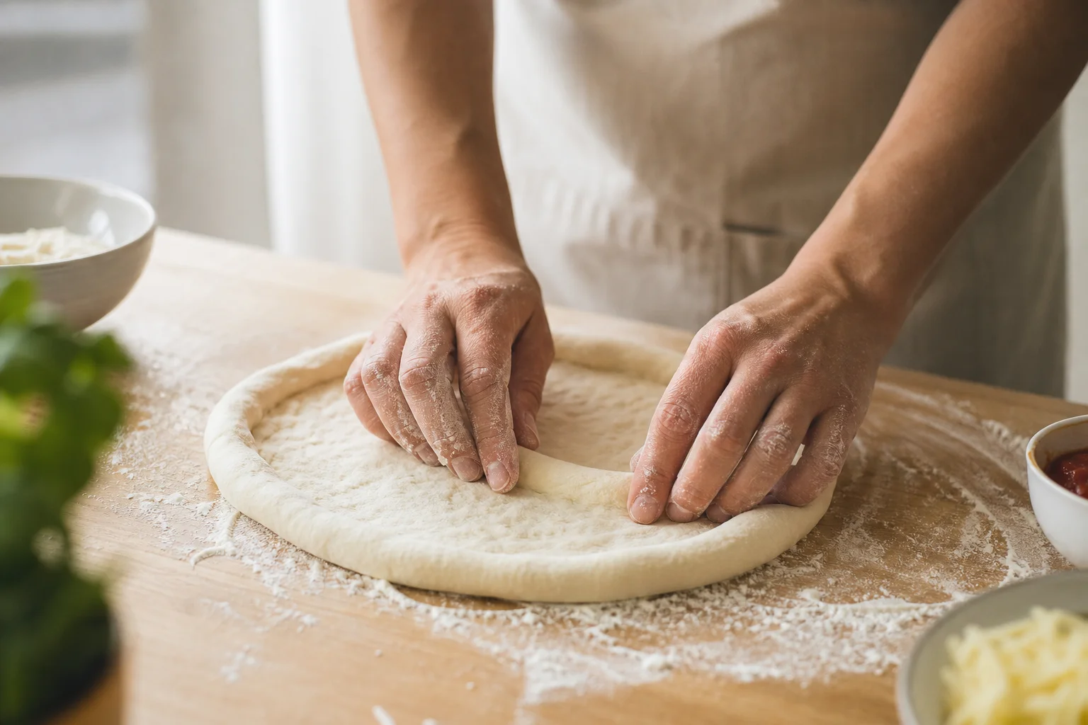 Home baker preparing pizza dough on a kitchen counter