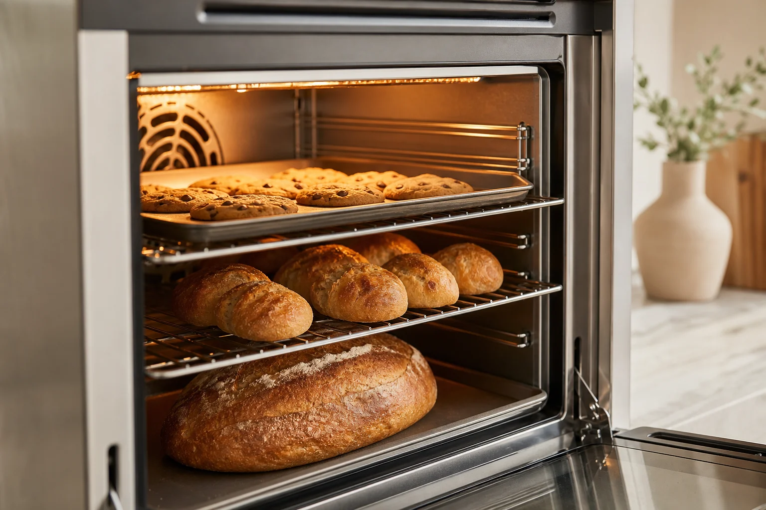 Interior view of a convection oven with multiple racks holding baked goods