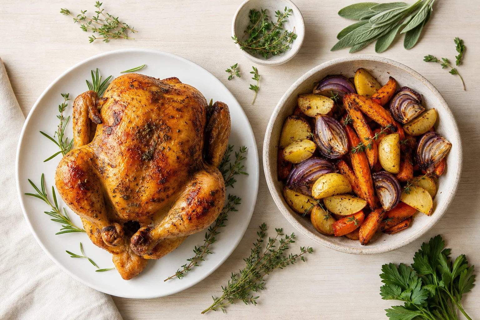 Family meal preparation with rotisserie chicken and roasted vegetables