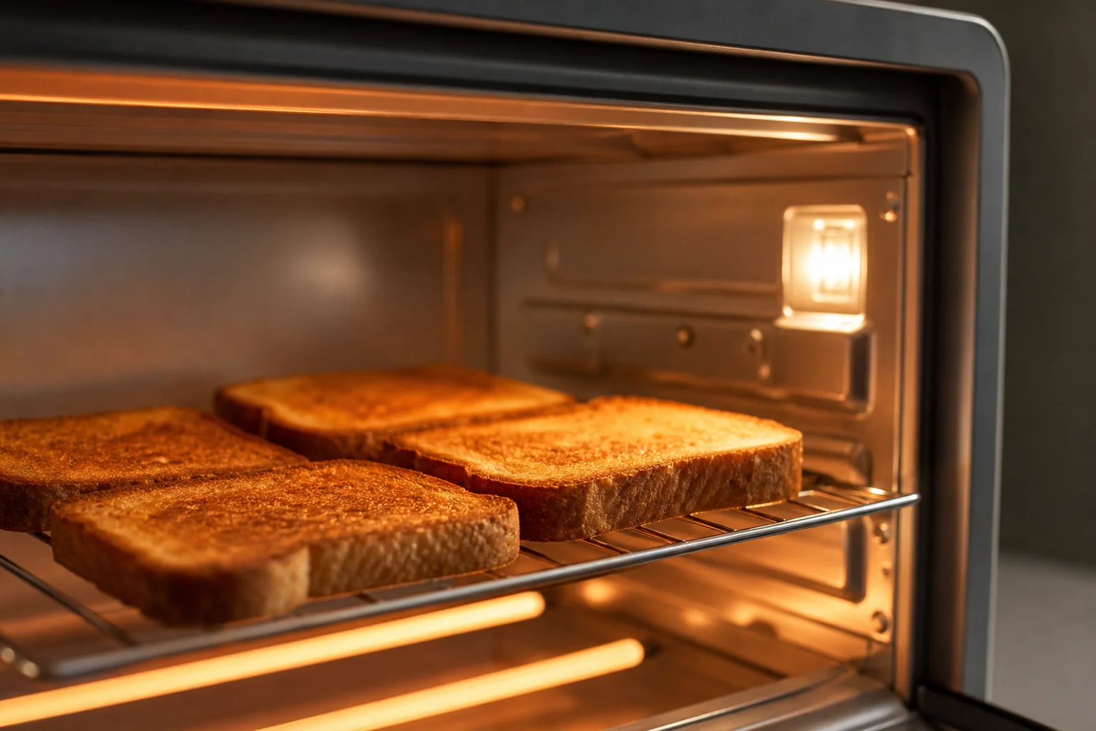 Close-up of a toaster oven's interior light illuminating freshly baked bread