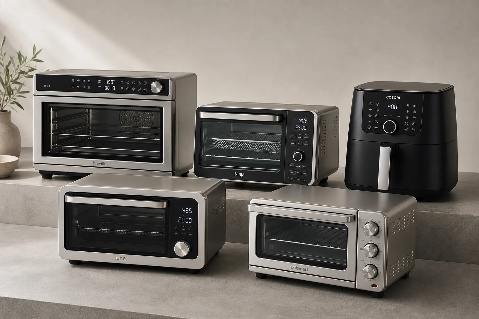 Five countertop convection ovens displayed on concrete surface