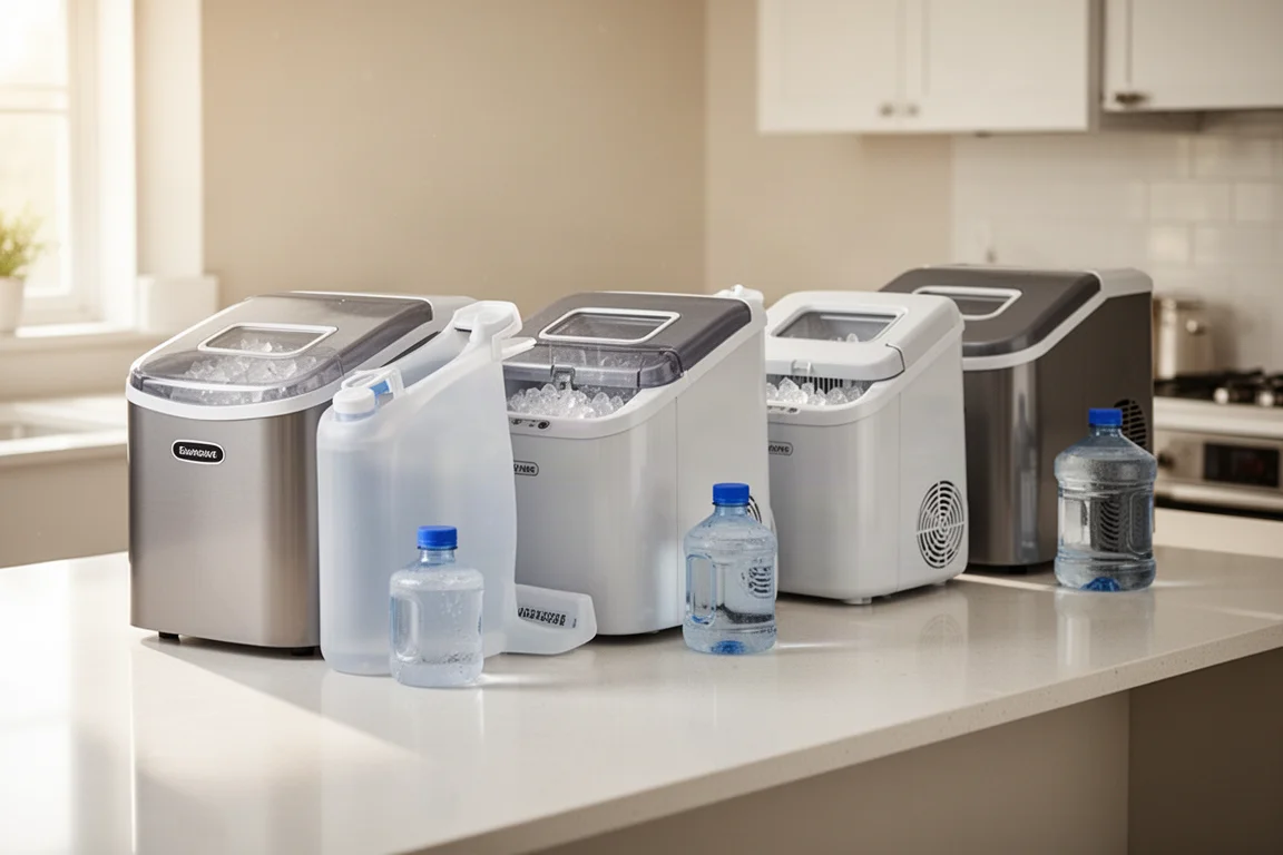 Countertop ice makers lined up on a kitchen counter with water jugs nearby