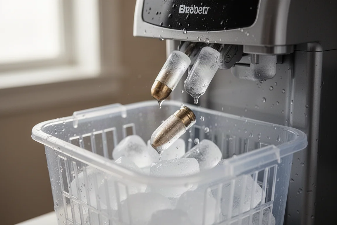 Close-up of bullet-shaped ice cubes falling into a clear ice basket