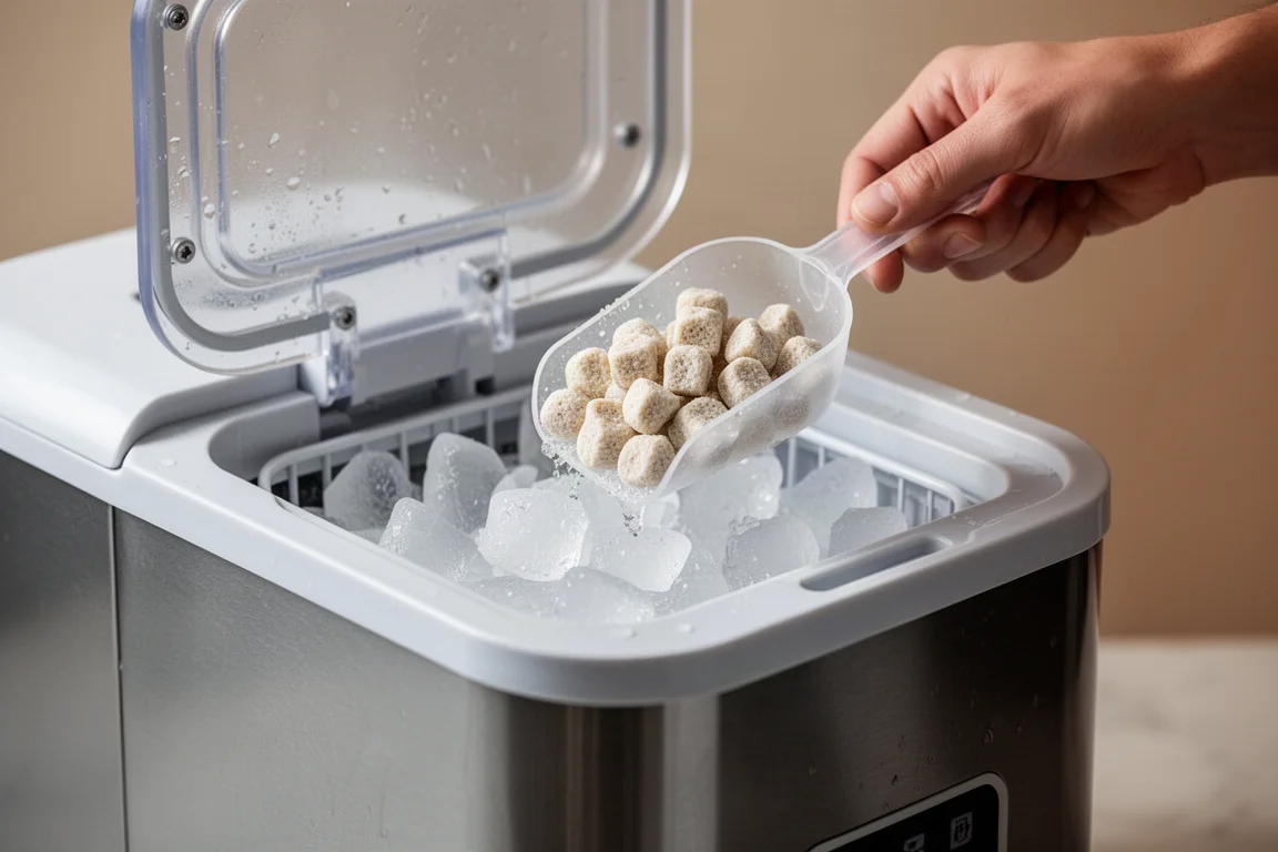 Hand scooping soft pellet ice from a countertop ice maker basket