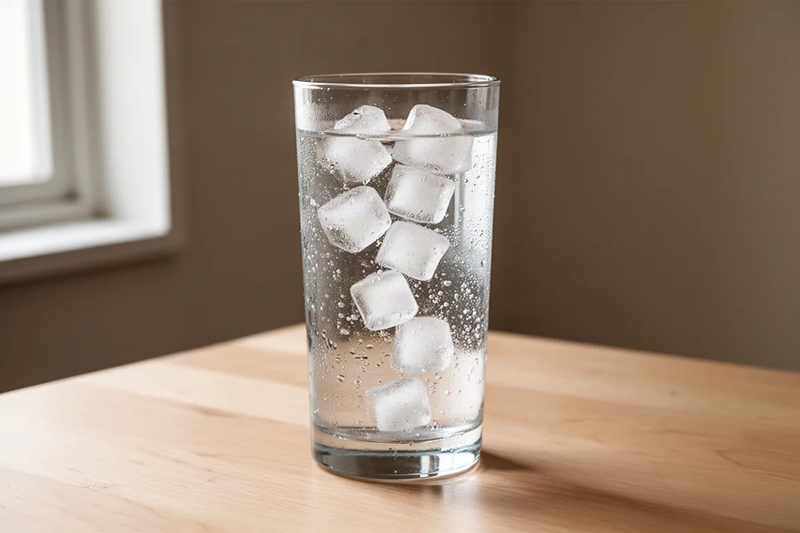 Glass of sparkling water filled with nugget ice on a wooden table