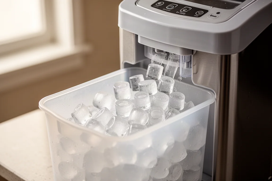 Countertop-Eiswürfelbereiter, der klare Eisstücke auf einer Küchenarbeitsplatte produziert