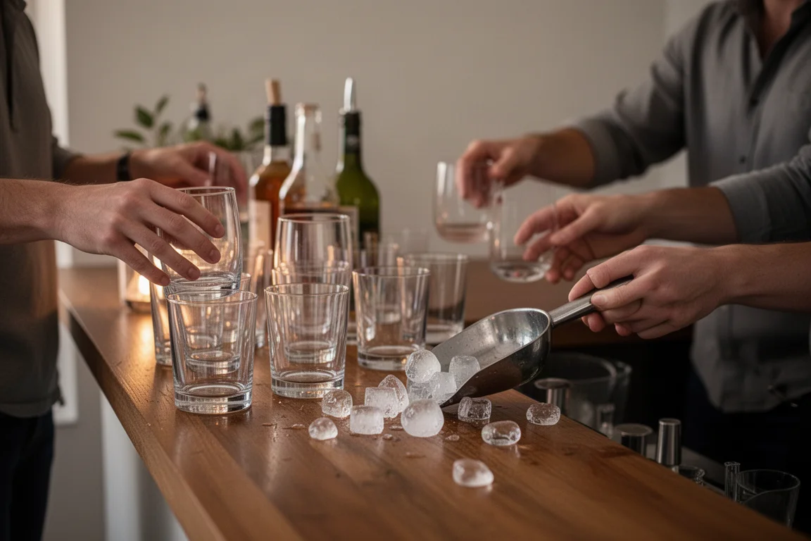 Gastgeber füllt bei einer Party an einer Hausbar Gläser mit Eis