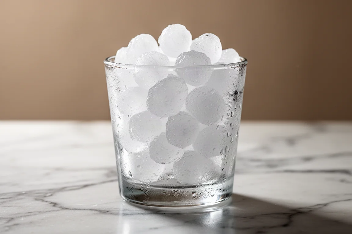 Nahaufnahme von weichen, kaubaren Nugget-Eis-Stücken in einem Glas