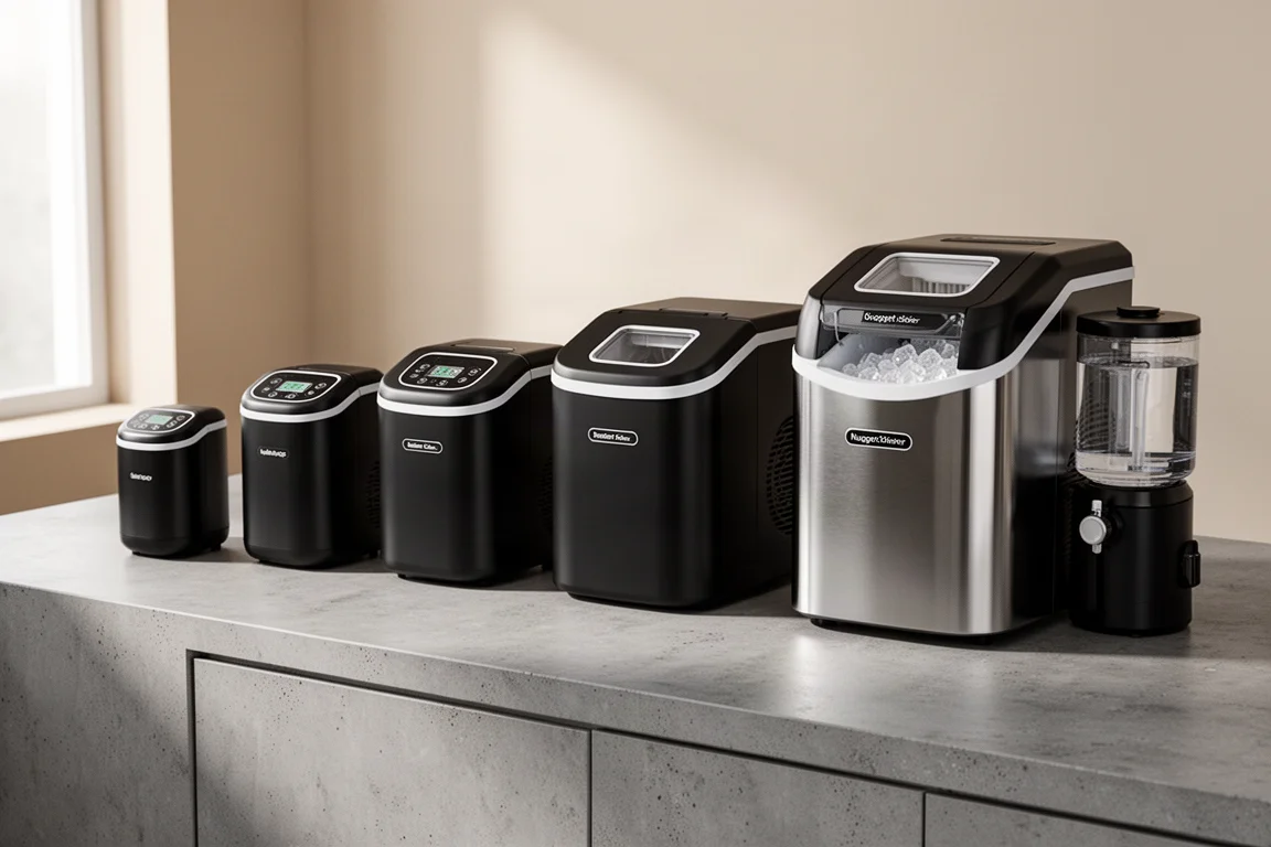 Lineup of countertop ice makers of different sizes on a concrete counter