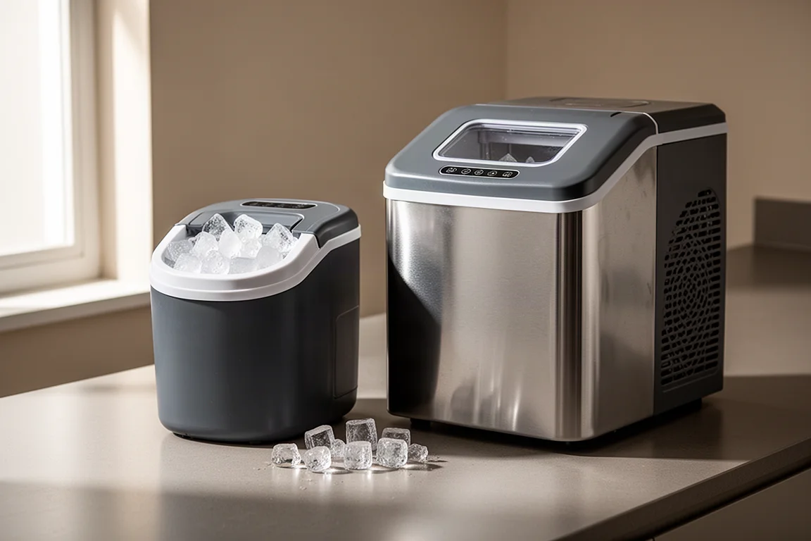 Two countertop ice makers side by side on a matte kitchen counter