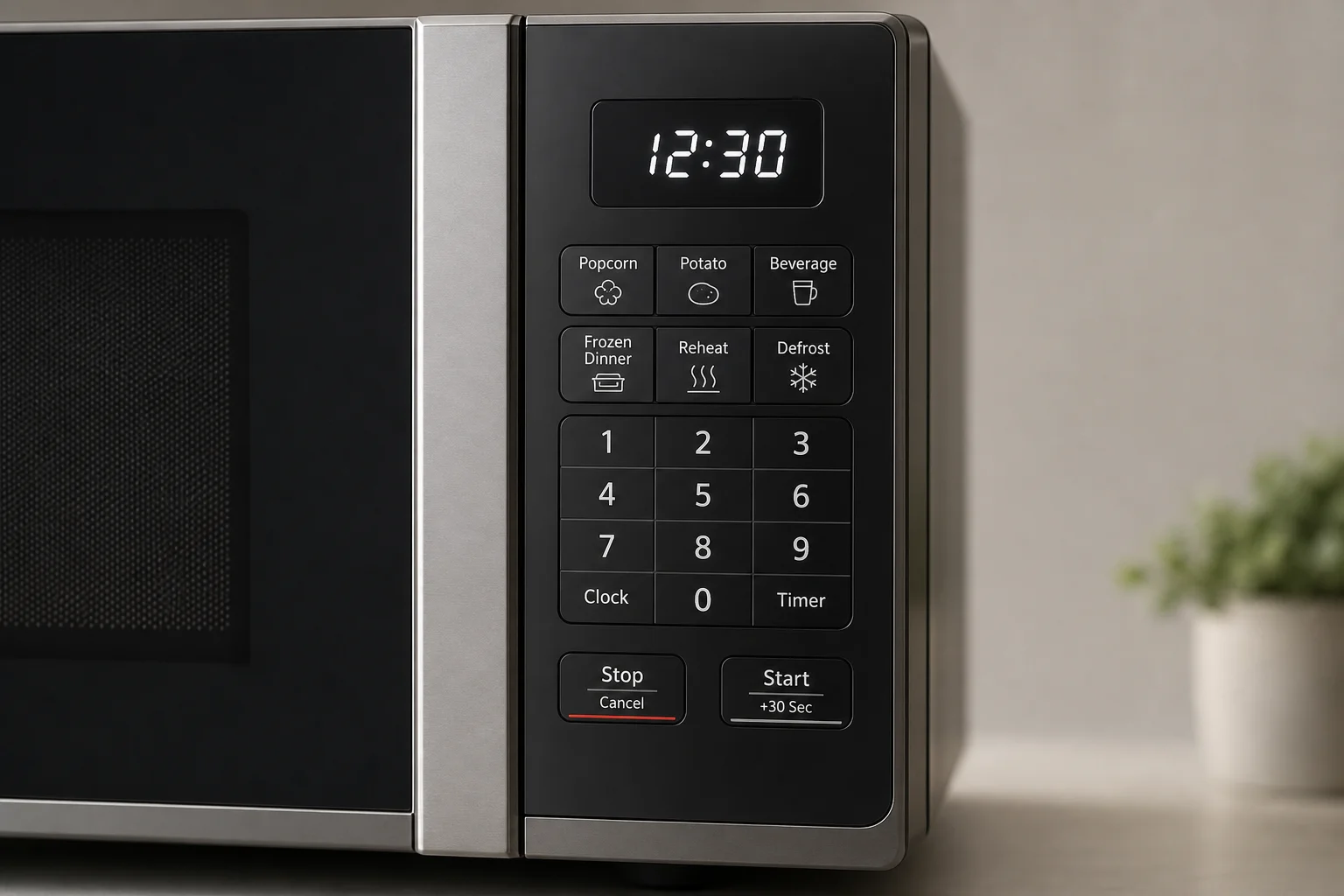 Pannello di controllo del microonde con disposizione semplice dei tasti e display digitale