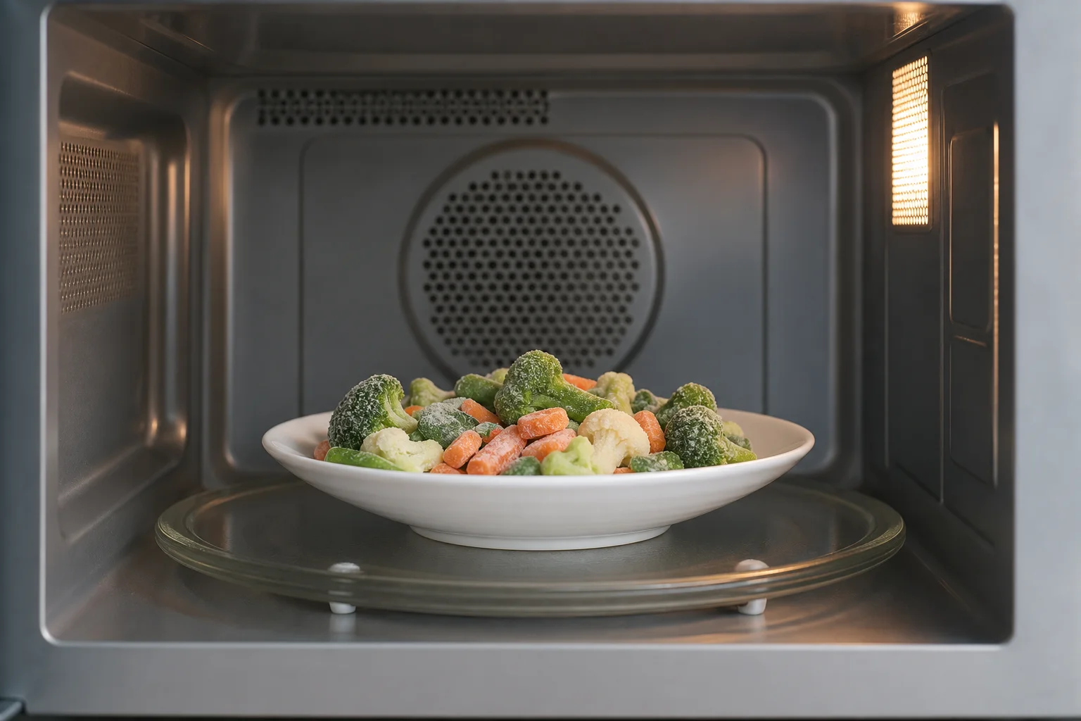Verdure surgelate in fase di preparazione nel microonde
