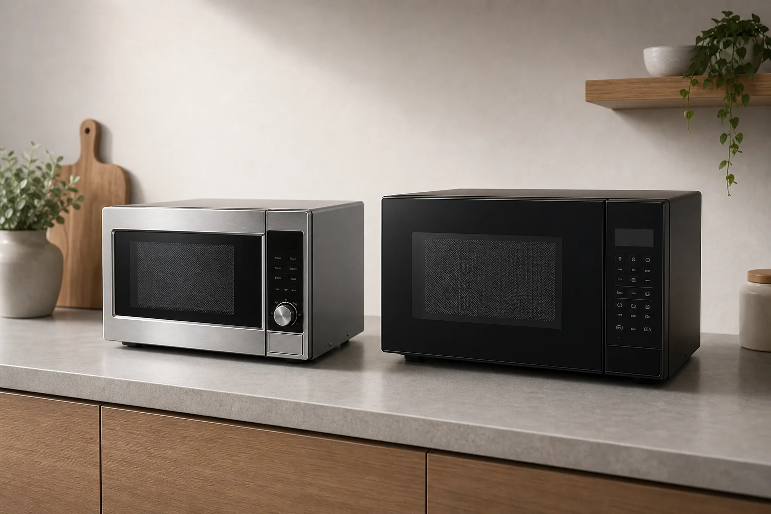 Breville and Sharp countertop microwaves side by side on kitchen counter