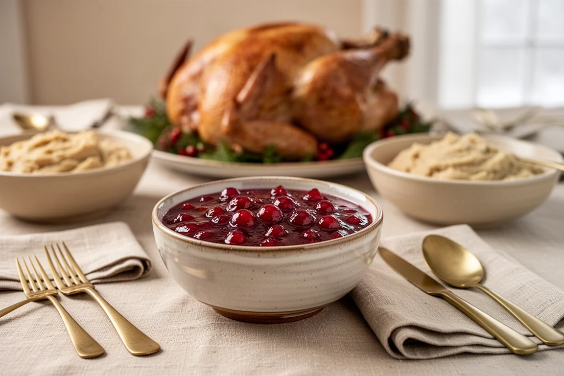 A jellied cranberry sauce served on a holiday table beside roast turkey and side dishes