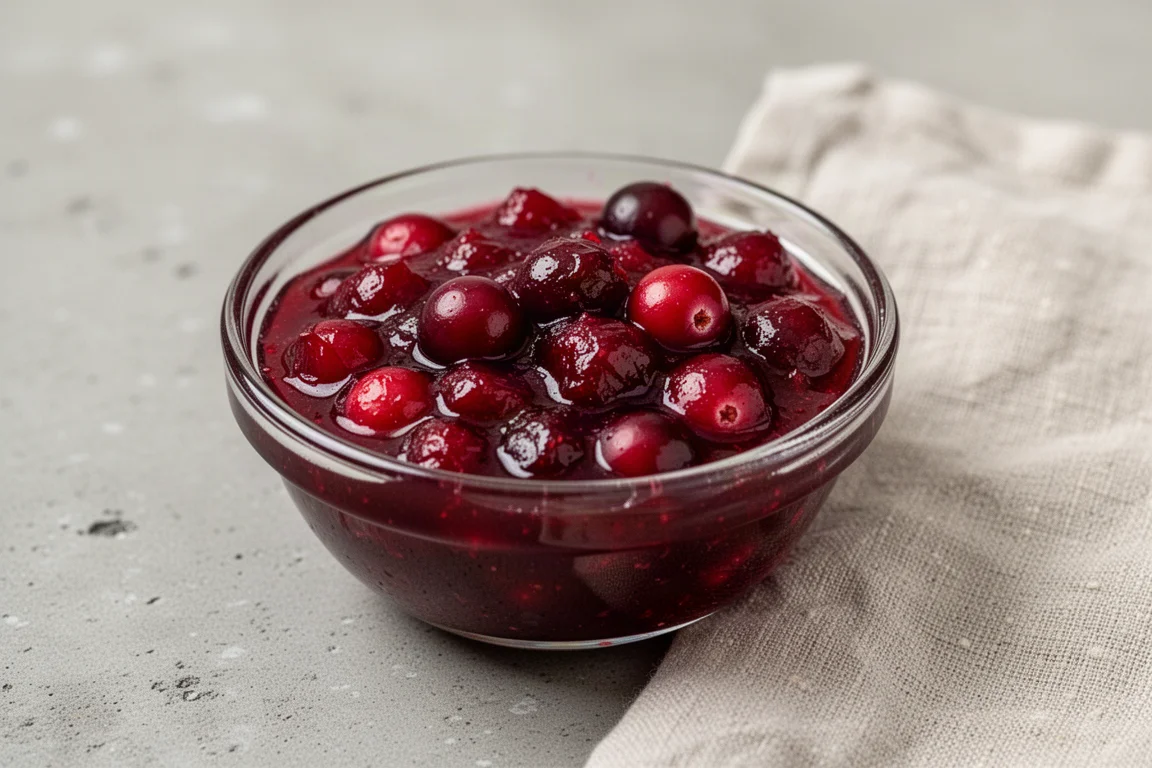 Whole berry cranberry sauce in a glass jar with visible berries and a rich red color