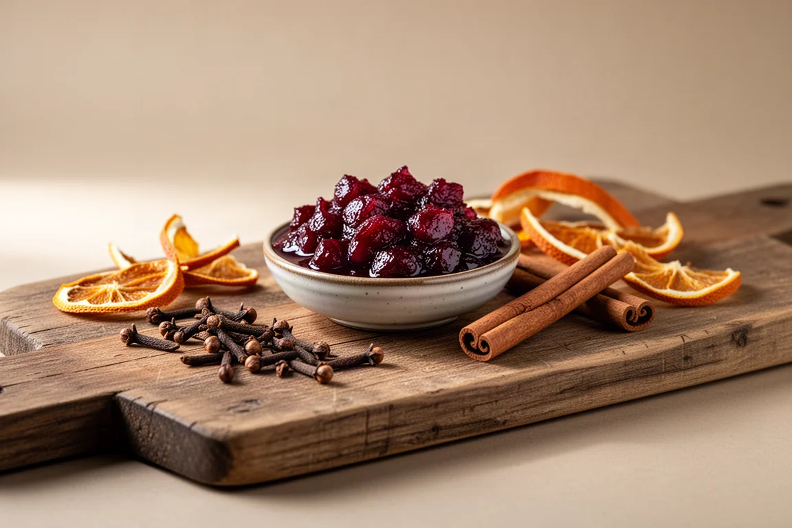 A spiced cranberry relish with orange peel and cloves arranged on a rustic wooden board