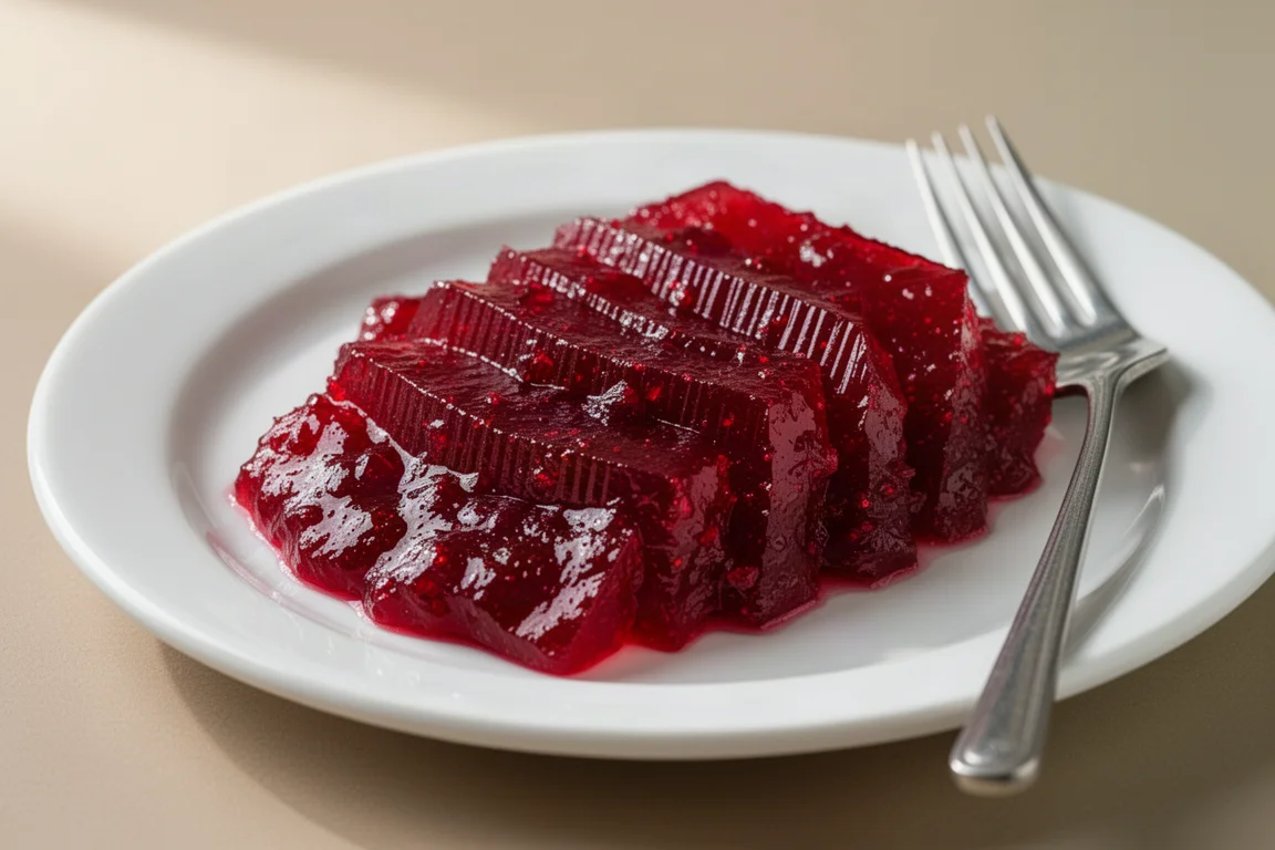 Sliced jellied cranberry sauce shingled on a white plate with clean edges and ridges