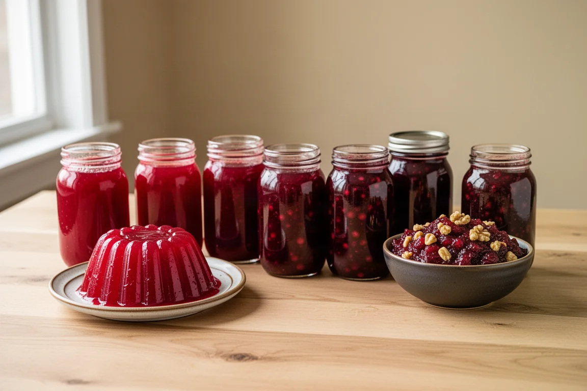 A lineup of cranberry sauces in jars, cans and bowls on a light oak holiday table
