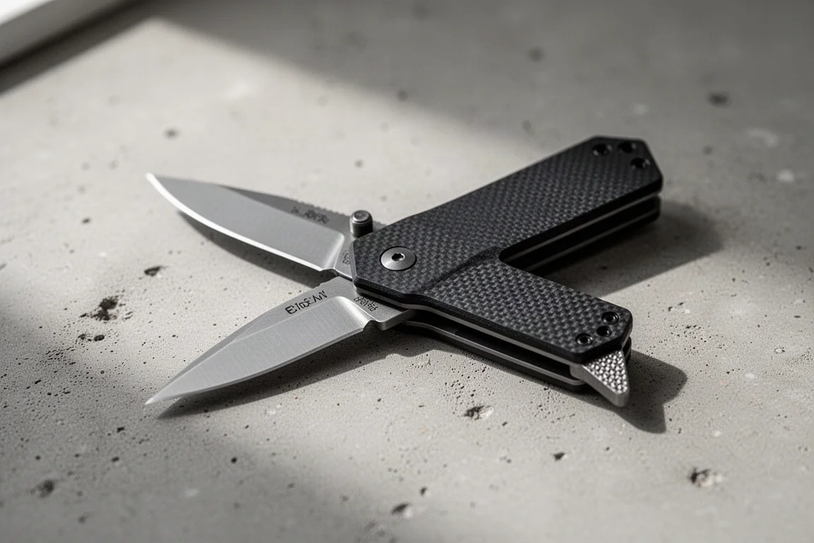 Small folding pocket knife with textured flipper resting open on a desk