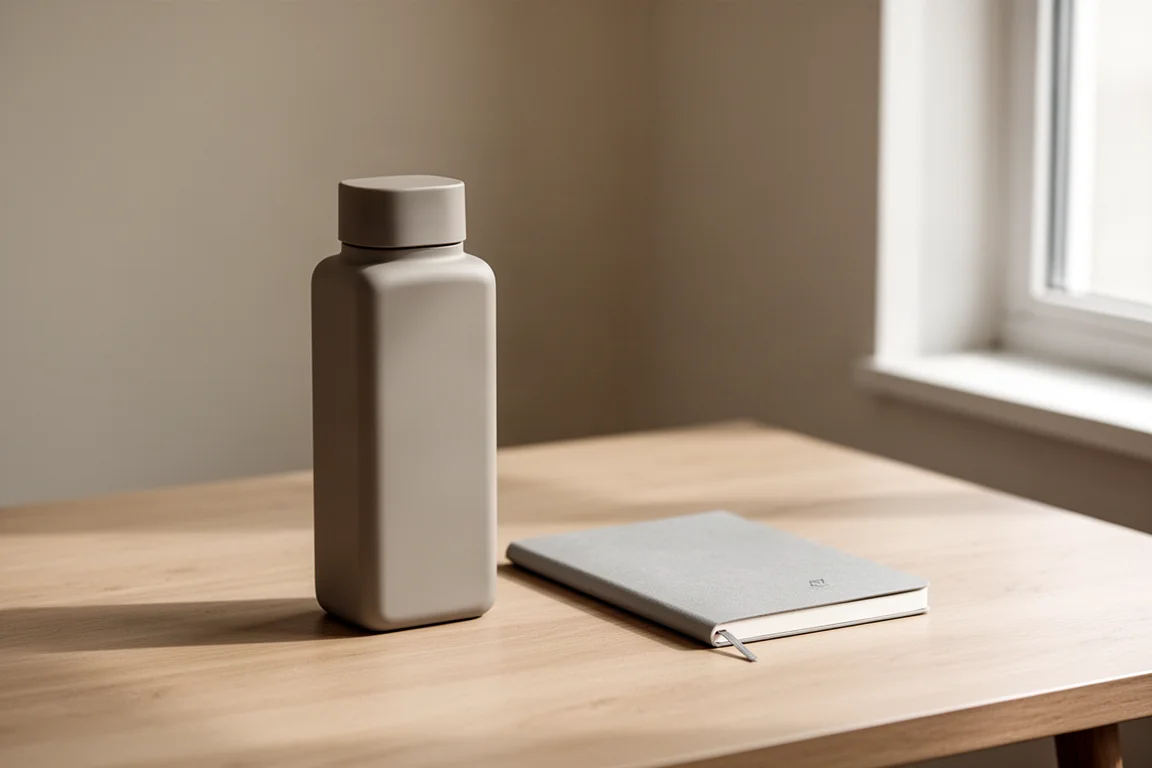Small rectangular water bottle standing on a desk beside a notebook