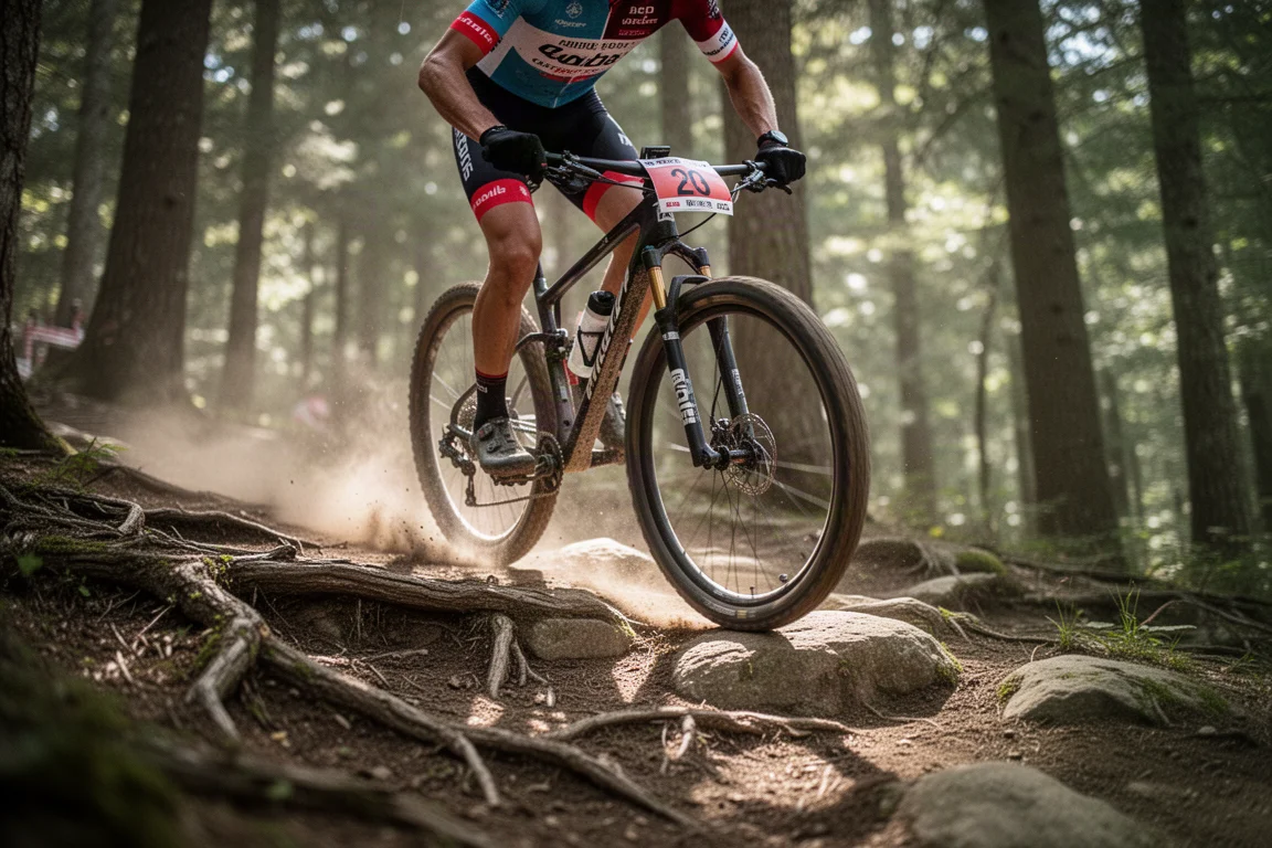Roda traseira de uma bike de corrida cross-country pulando por um jardim de pedras soltas