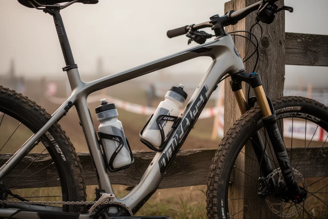 Ciclista de cross-country em uma estrada de terra cascalhada com longas sombras da tarde