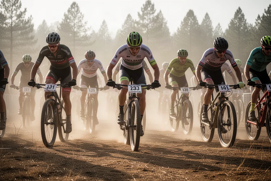 Pelotão de corrida de mountain bike cross-country subindo uma estrada de terra empoeirada sob a luz da manhã