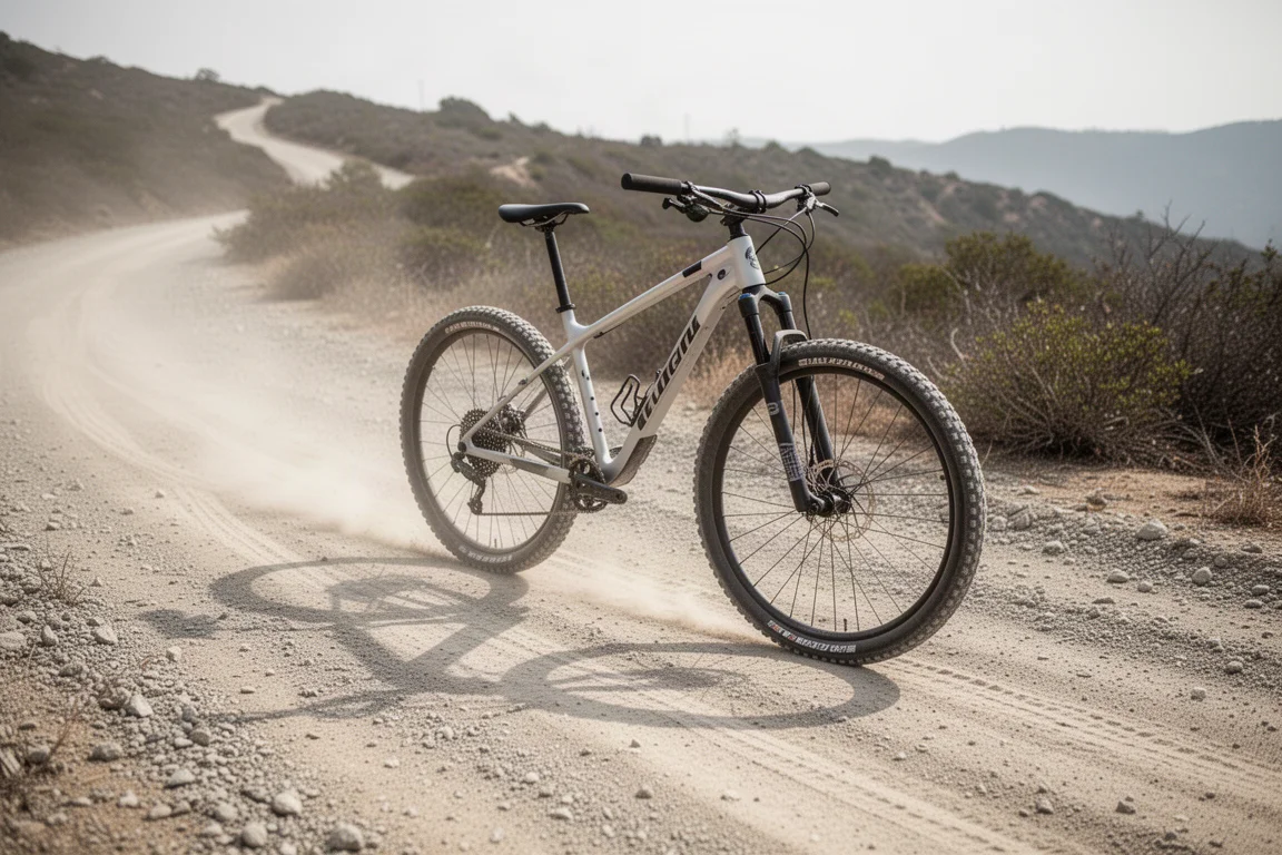 Ciclista de mountain bike inclinando-se em uma descida técnica rochosa em uma bike de corrida full-suspension