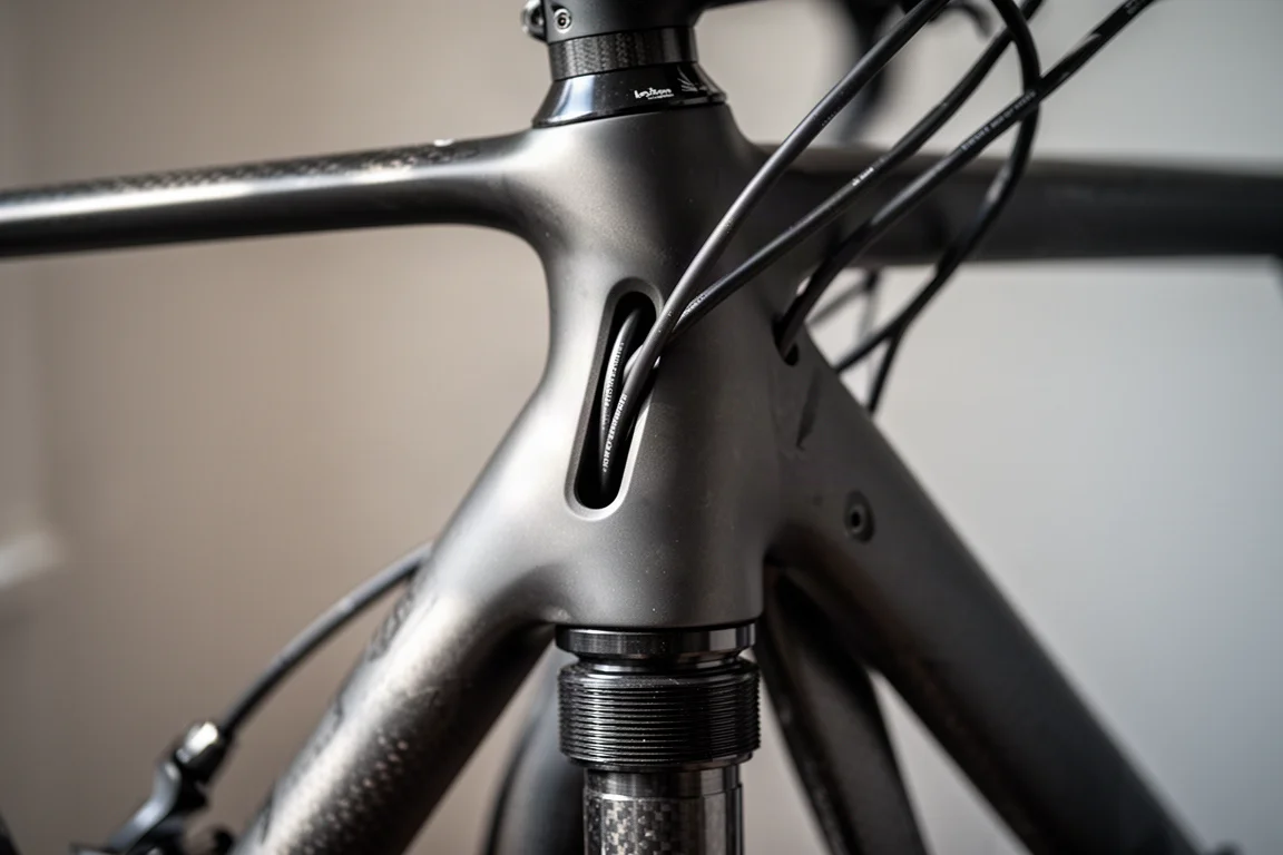 Close da junção do quadro de uma mountain bike hardtail com perfil de tubo de carbono fino