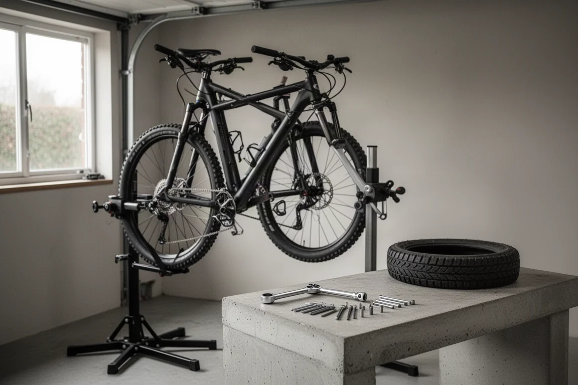 Flat-lay de kit de ciclismo de dia de prova com capacete, luvas, ferramentas e pneu sobre concreto