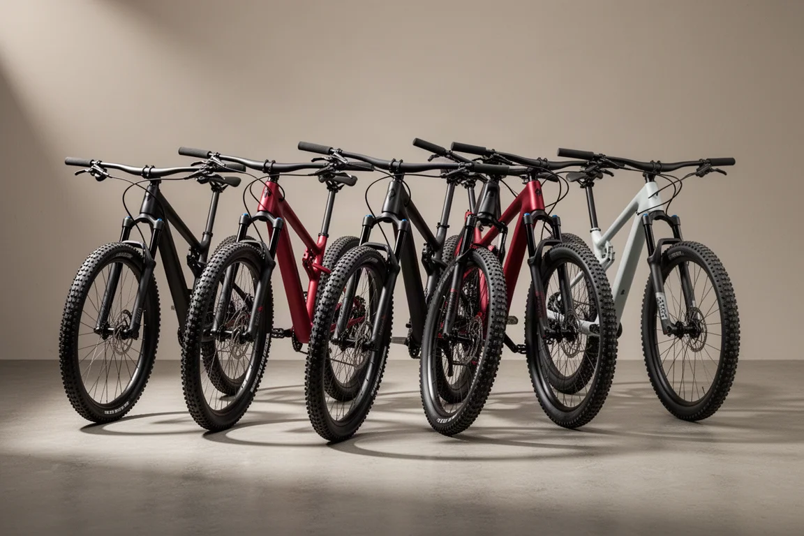 スタジオ照明の下、淡いコンクリート上に並んだ軽量クロスカントリーマウンテンバイクの列