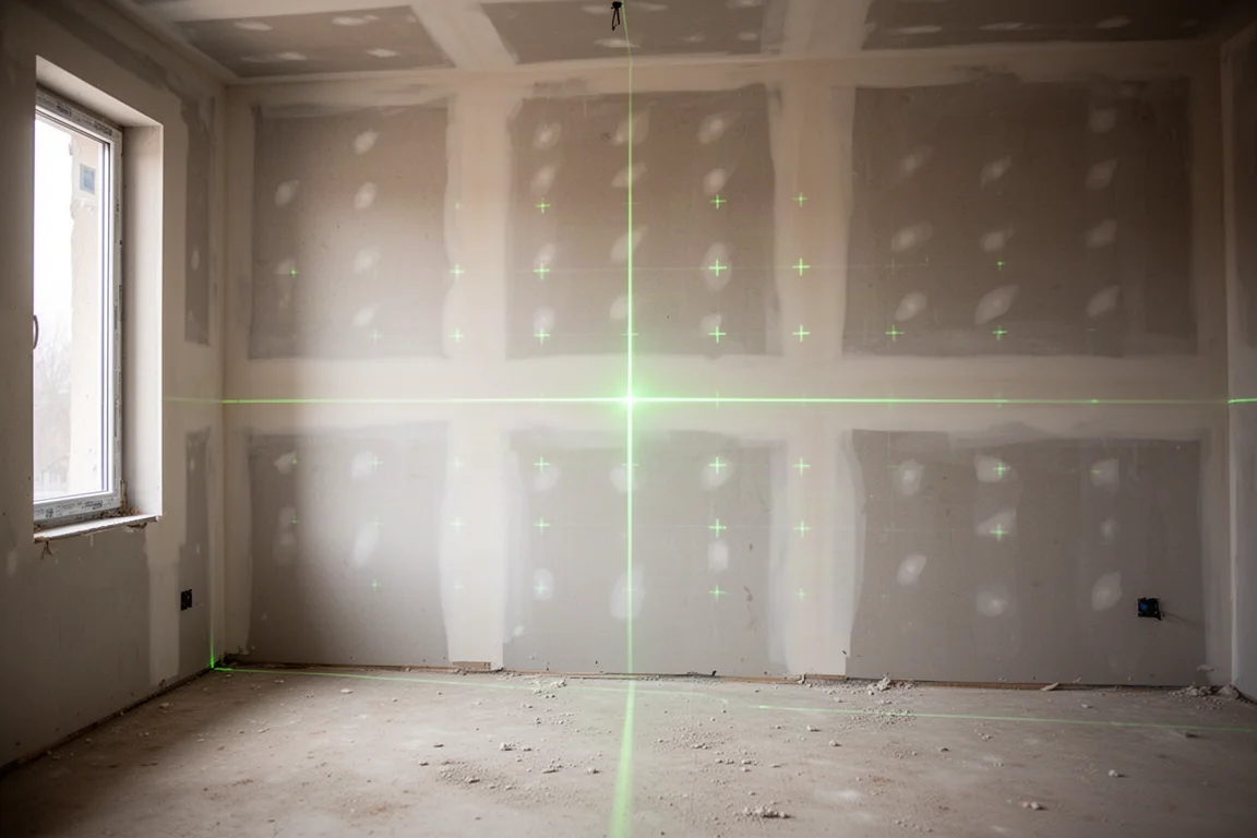 Mira de laser verde projetada em uma parede interna de um ambiente em construção
