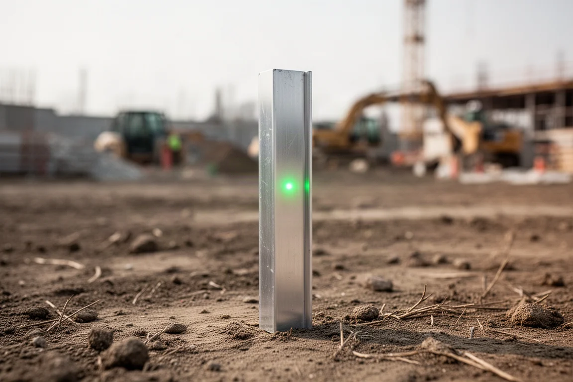 Ponto de laser verde visível em uma régua de nível distante, ao ar livre e à luz do dia