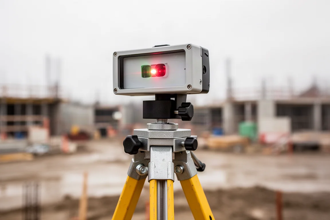 Detector de laser montado em um suporte de régua em um canteiro de obras