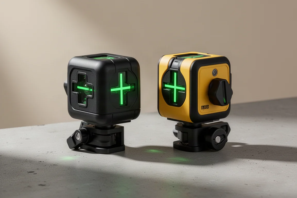 DeWalt and Makita cross line laser levels side by side on concrete
