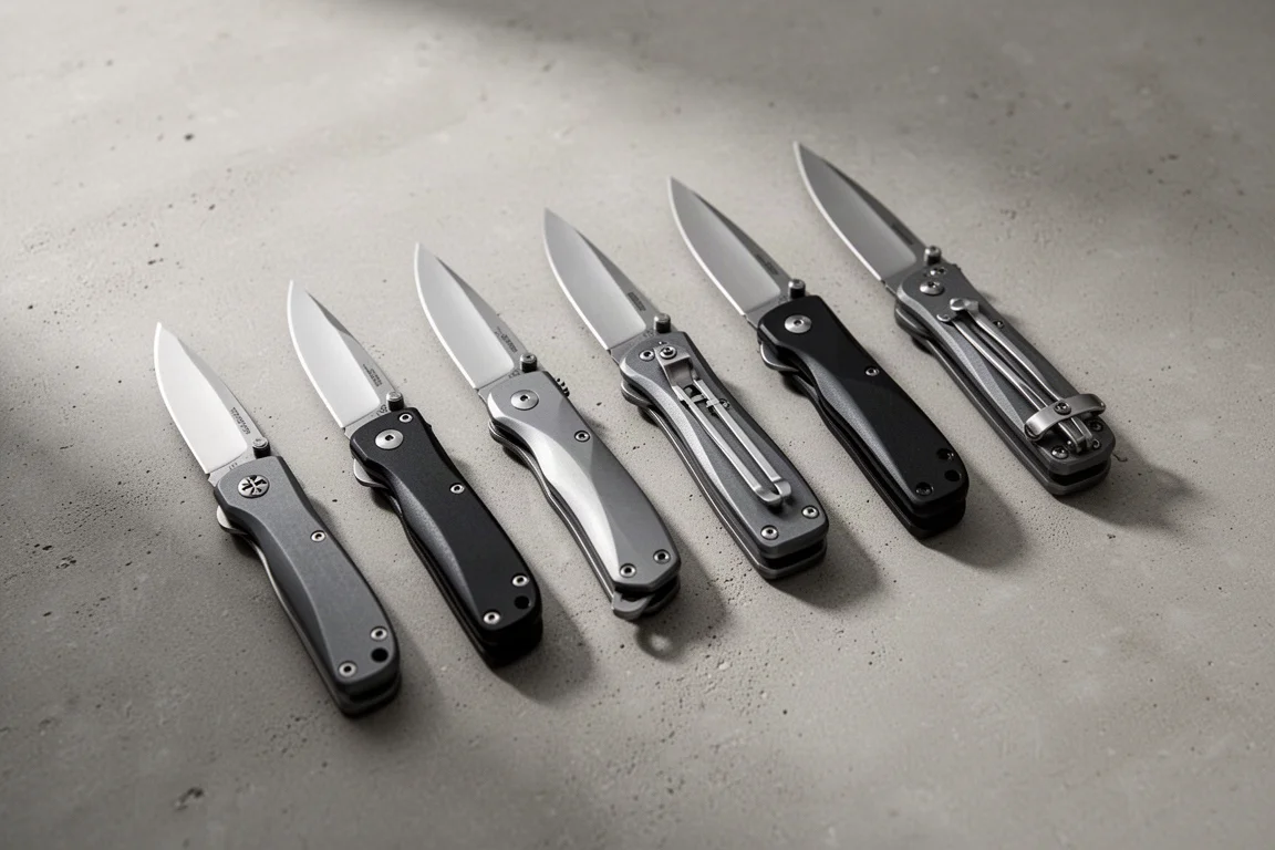 Seven folding pocket knives arranged in a row on a concrete surface