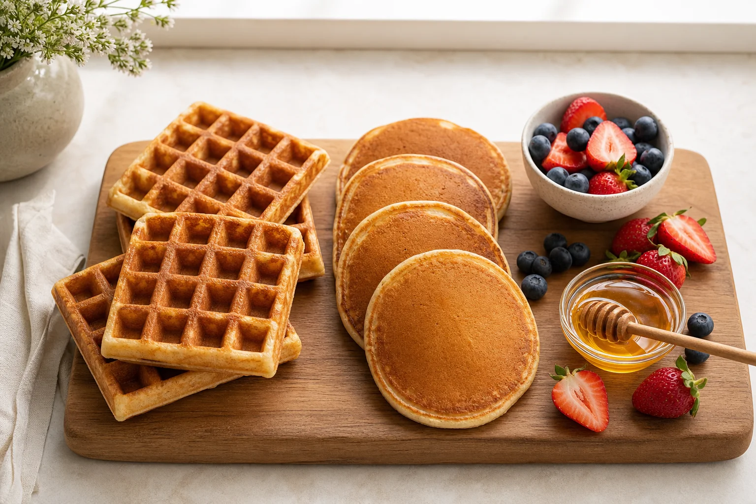 Quatre gaufres belges et quatre pancakes disposés sur une planche de service en bois