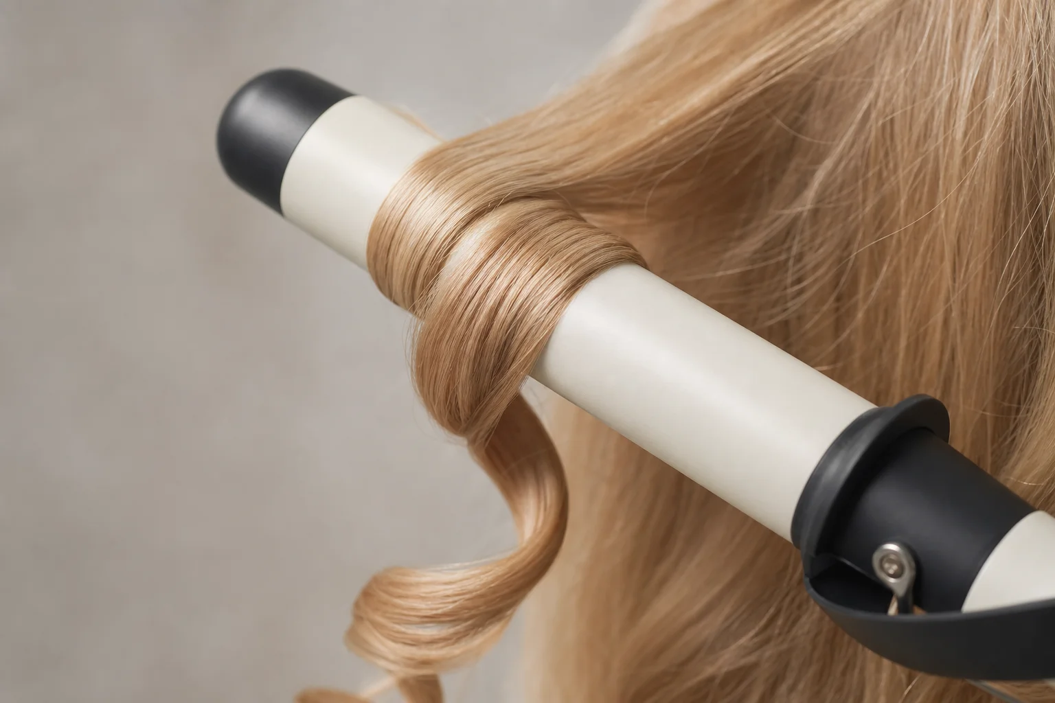 Close-up of ceramic barrel gliding through blonde hair creating a curl