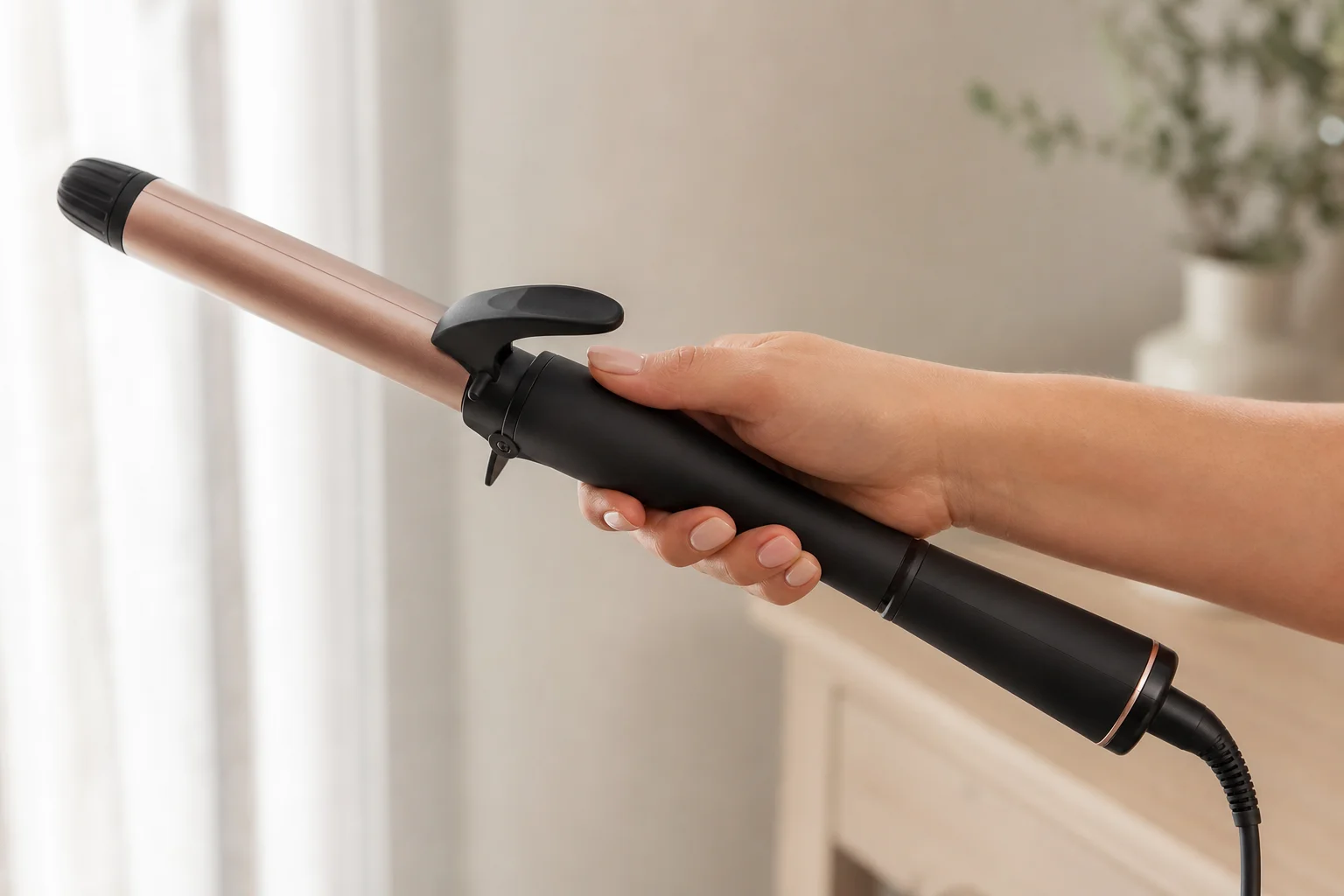 Person styling hair with a titanium curling iron, showing ergonomic handle grip
