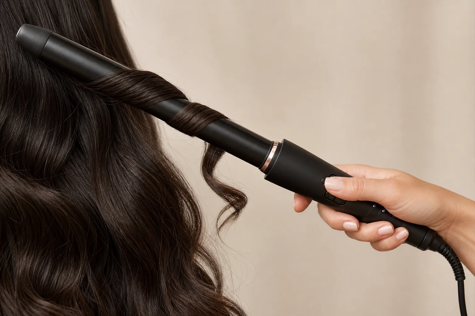 Curling iron with extra-long barrel creating voluminous waves in dark hair