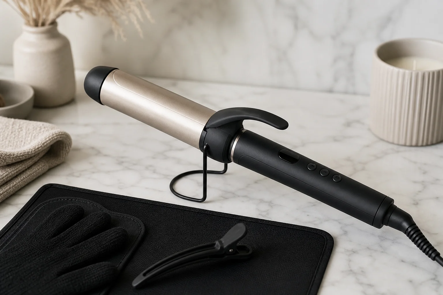 Professional curling iron with built-in stand on a styling station