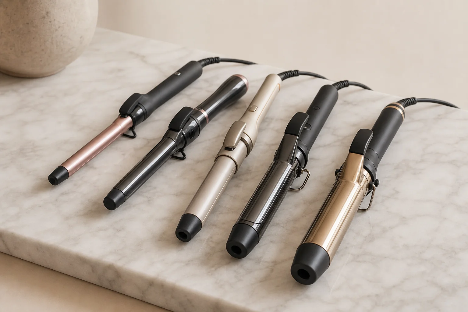 Five curling irons in various sizes arranged on a marble surface