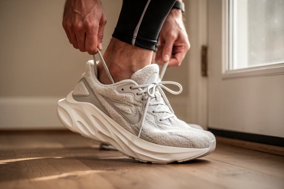Läufer schnürt einen weich gedämpften Laufschuh vor einem lockeren Morgenlauf