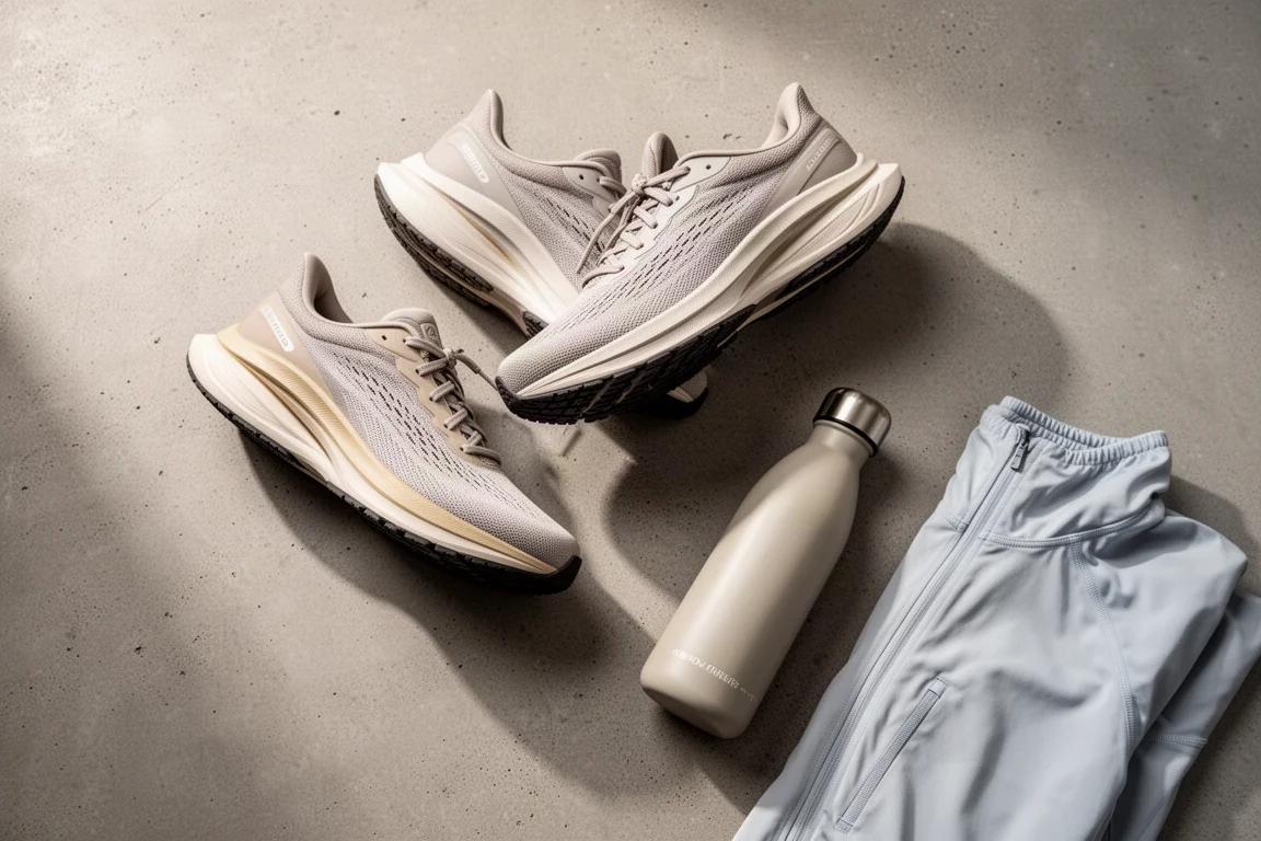 Flat-Lay aus gedämpften Laufschuhen und Laufzubehör auf Beton
